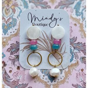 Handmade artisan dangle earrings pink and aqua carved white coral / white shell